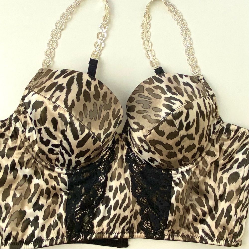 GUESS NWT Leopard Print Lace Rhinestone Strap Bustier Corset Giftable Bra Top, M - Picture 11 of 11